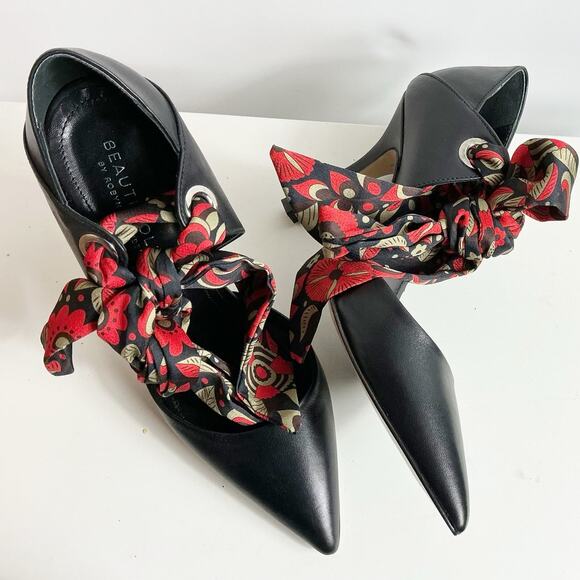 BEAUTIISOLES Shoes - Beautisoles Womens Millie Ribbon Ankle Tie Pump Shoes Black Leather Red 7.5